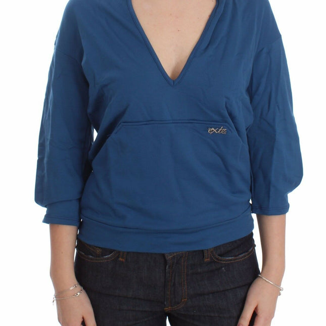 Exte Blue Cotton Top Pullover Deep V-neck Women Sweater