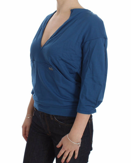Exte Blue Cotton Top Pullover Deep V-neck Women Sweater