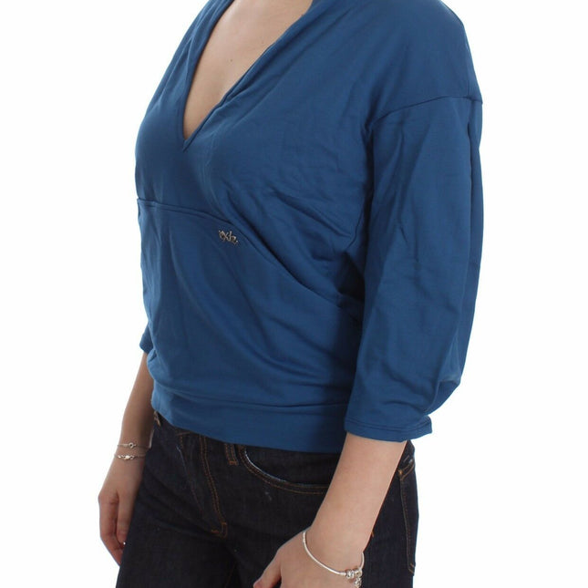 Exte Blue Cotton Top Pullover Deep V-neck Women Sweater