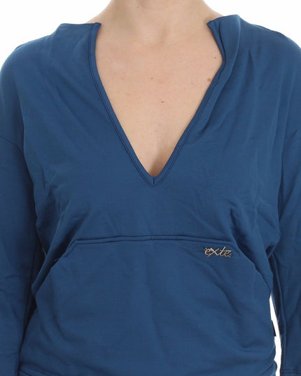 Exte Blue Cotton Top Pullover Deep V-neck Women Sweater