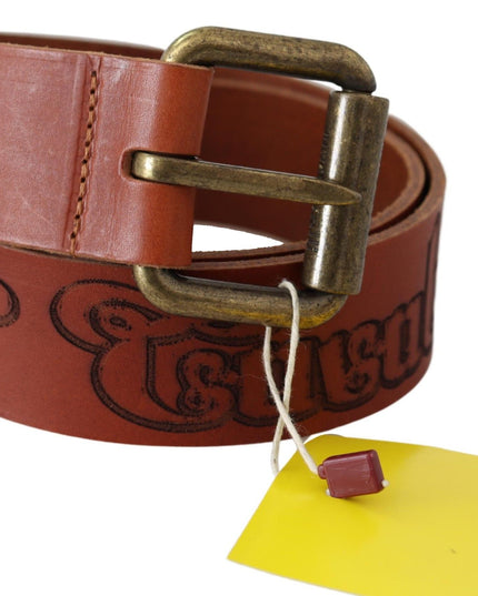 Just Cavalli Brown Leather Logo Bronze Rustic Metal Buckle Belt