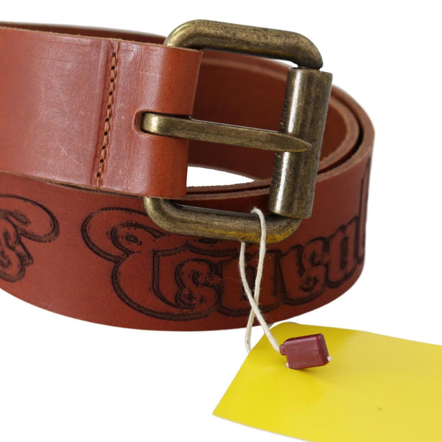 Just Cavalli Brown Leather Logo Bronze Rustic Metal Buckle Belt
