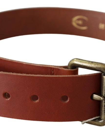Just Cavalli Brown Leather Logo Bronze Rustic Metal Buckle Belt