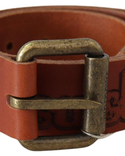 Just Cavalli Brown Leather Logo Bronze Rustic Metal Buckle Belt