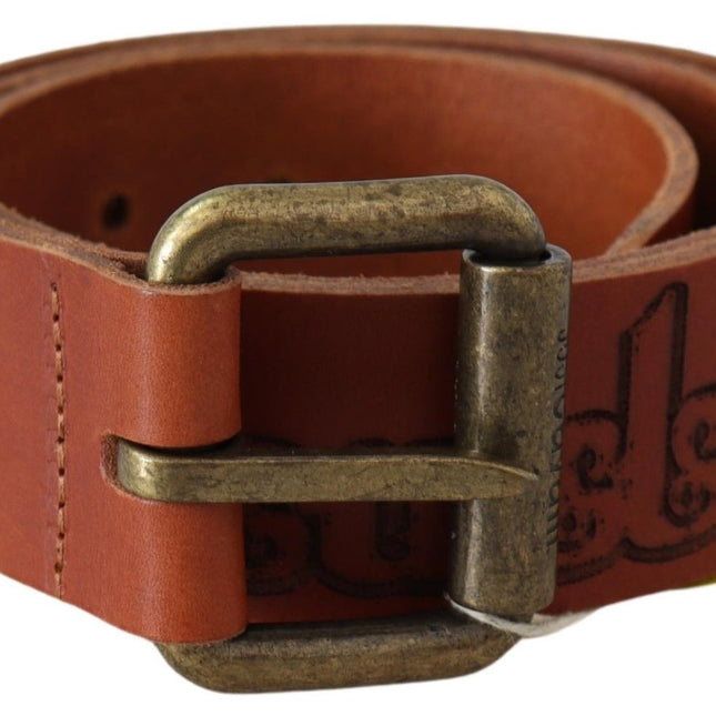 Just Cavalli Brown Leather Logo Bronze Rustic Metal Buckle Belt