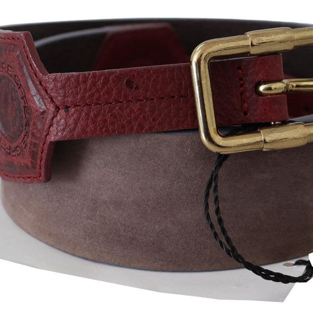 GF Ferre Brown Leather Wide Gold Chrome Logo Buckle Belt