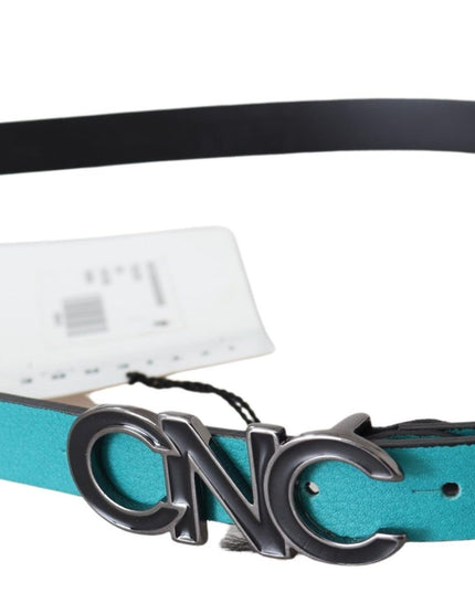 Costume National Blue Green Leather Logo Silver Buckle Belt