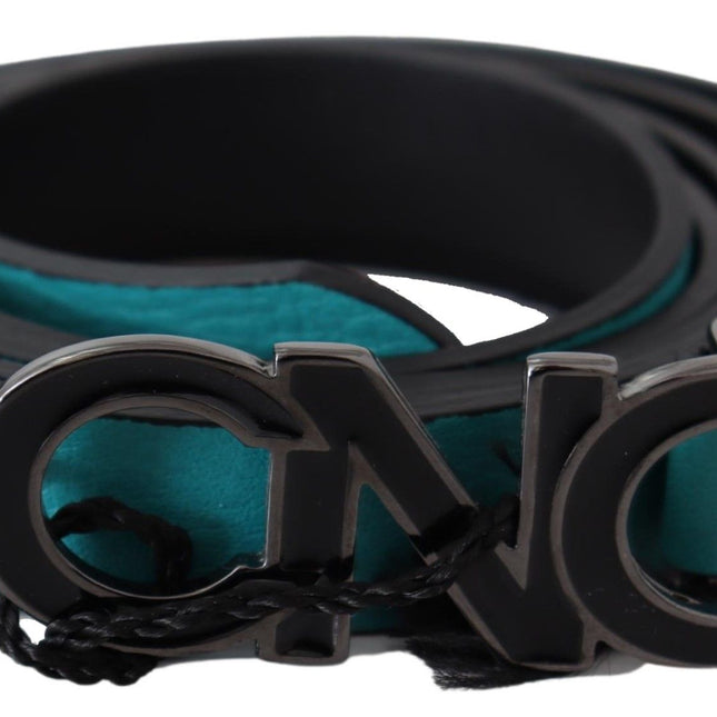 Costume National Blue Green Leather Logo Silver Buckle Belt