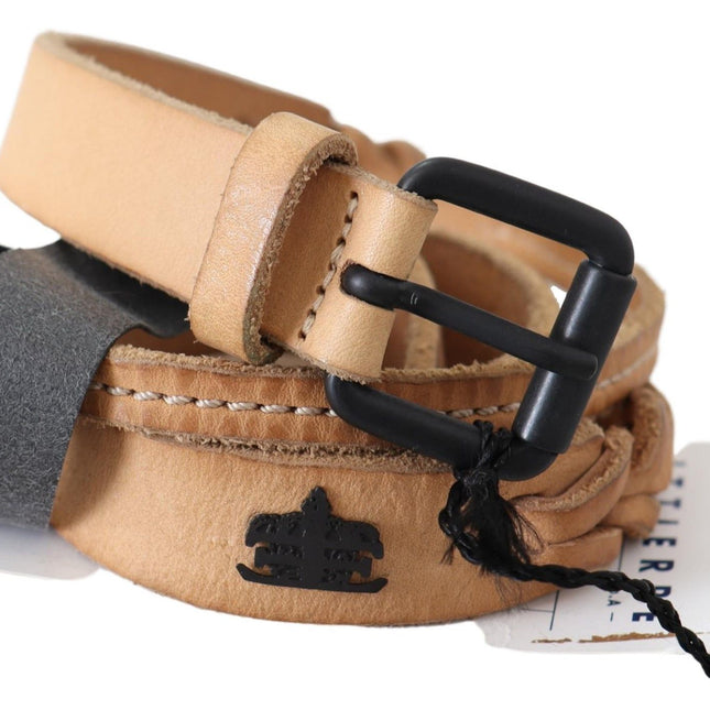 Scervino Street Light Brown Slim Leather Black Logo Buckle Belt Belt
