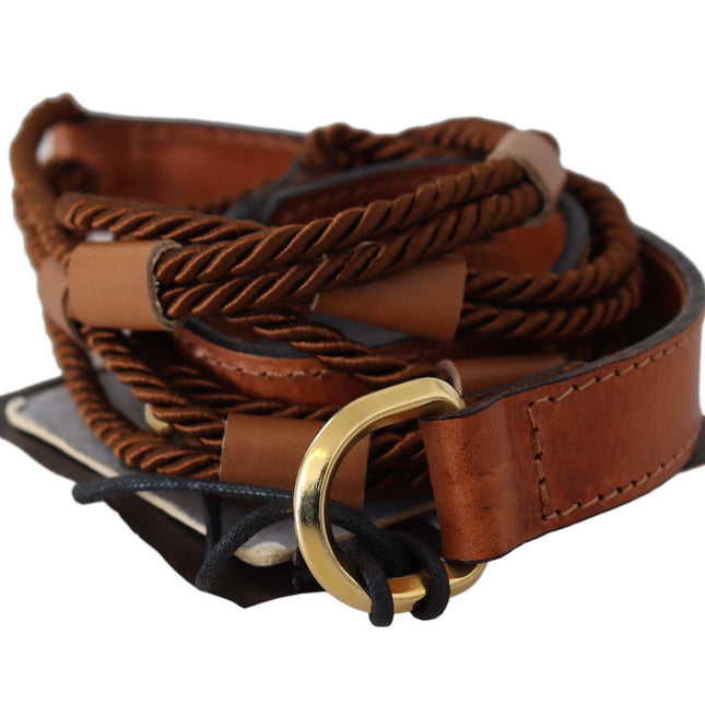 Scervino Street Brown Leather Braided Rope Gold Buckle  Belt