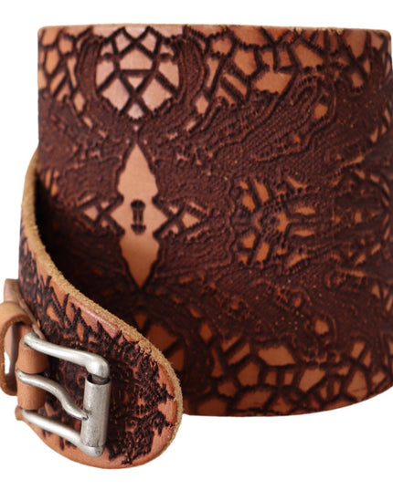 Scervino Street Brown Wide Leather Embroidered Design Logo Belt