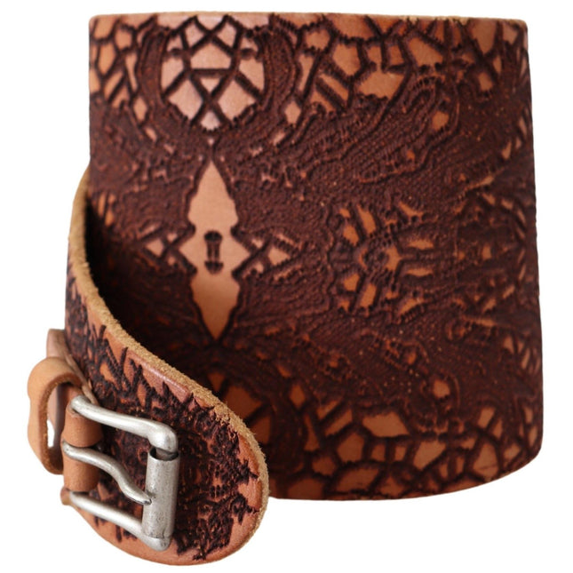 Scervino Street Brown Wide Leather Embroidered Design Logo Belt