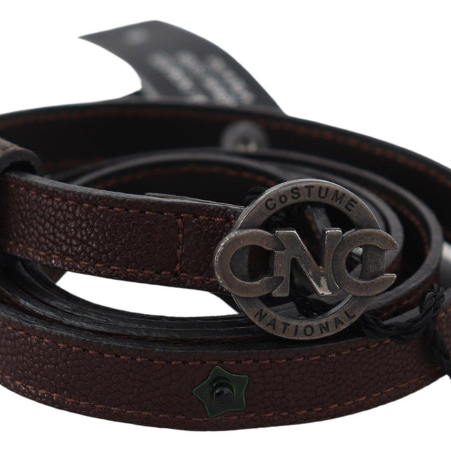 Costume National Brown Skinny Leather Round Logo Buckle Belt