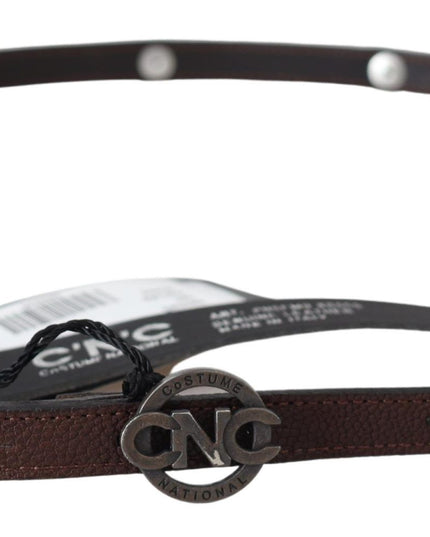Costume National Brown Skinny Leather Round Logo Buckle Belt