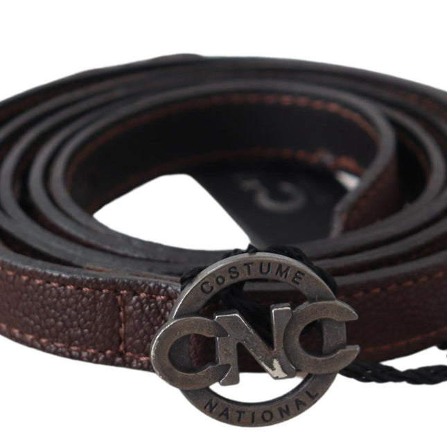 Costume National Brown Skinny Leather Round Logo Buckle Belt