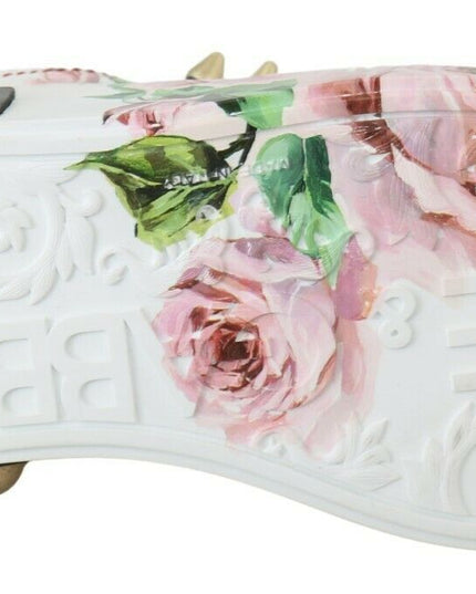 Dolce & Gabbana White Leather Crystal Roses Floral Sneakers Shoes