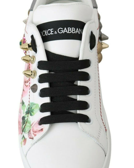 Dolce & Gabbana White Leather Crystal Roses Floral Sneakers Shoes
