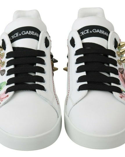 Dolce & Gabbana White Leather Crystal Roses Floral Sneakers Shoes