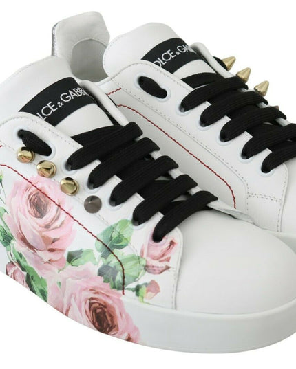 Dolce & Gabbana White Leather Crystal Roses Floral Sneakers Shoes