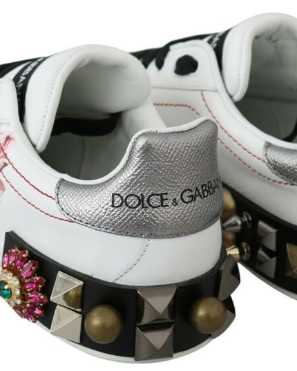 Dolce & Gabbana White Leather Crystal Roses Floral Sneakers Shoes