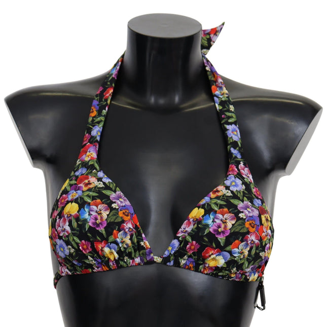 Dolce & Gabbana Black Floral Print Swimsuit Beachwear Bikini Tops
