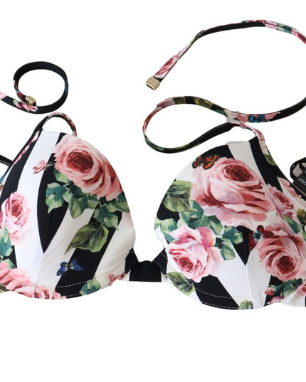 Dolce & Gabbana Multicolor Striped Rose Print Swimwear Bikini Tops