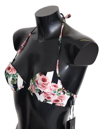 Dolce & Gabbana Multicolor Striped Rose Print Swimwear Bikini Tops
