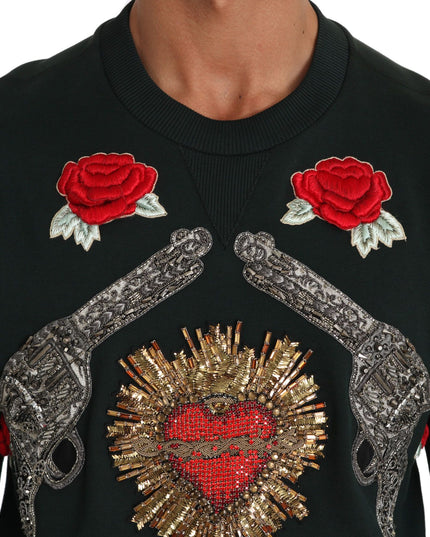 Dolce & Gabbana Green Crystal Heart Roses Gun Sweater
