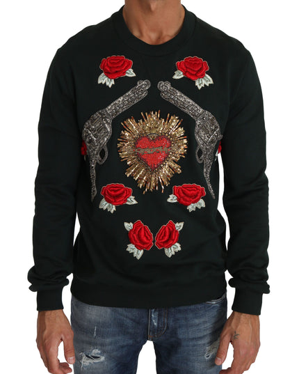 Dolce & Gabbana Green Crystal Heart Roses Gun Sweater