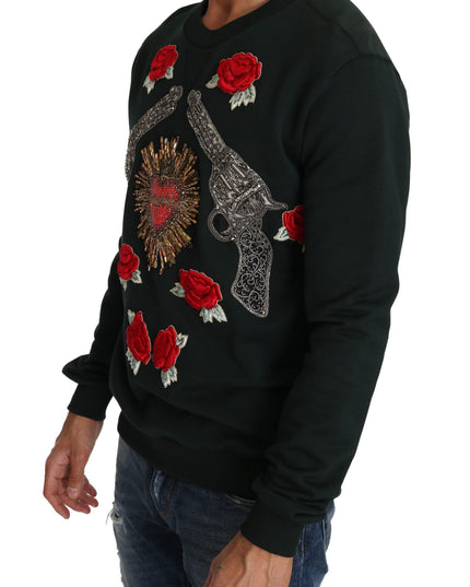 Dolce & Gabbana Green Crystal Heart Roses Gun Sweater