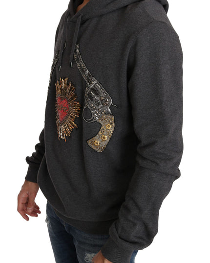 Dolce & Gabbana Gray Hooded Red Crystal Heart Gun Sweater