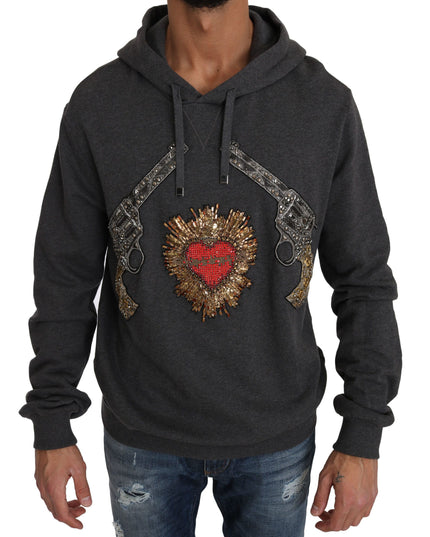 Dolce & Gabbana Gray Hooded Red Crystal Heart Gun Sweater