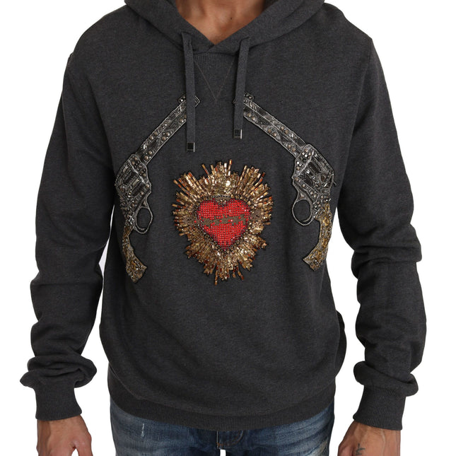 Dolce & Gabbana Gray Hooded Red Crystal Heart Gun Sweater
