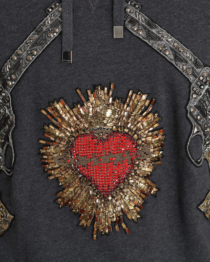 Dolce & Gabbana Gray Hooded Red Crystal Heart Gun Sweater