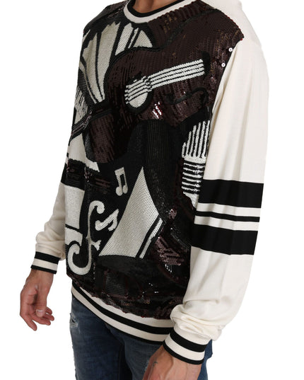 Dolce & Gabbana White Jazz Sequined Guitar Pullover Top Sweater