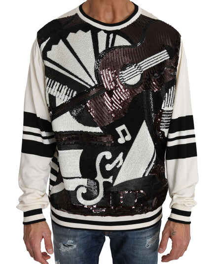 Dolce & Gabbana White Jazz Sequined Guitar Pullover Top Sweater