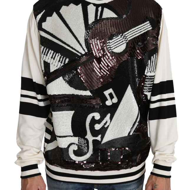 Dolce & Gabbana White Jazz Sequined Guitar Pullover Top Sweater