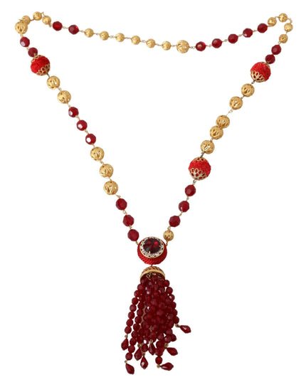 Dolce & Gabbana Gold Tone Brass Red Crystals Pendant Opera Chain  Necklace