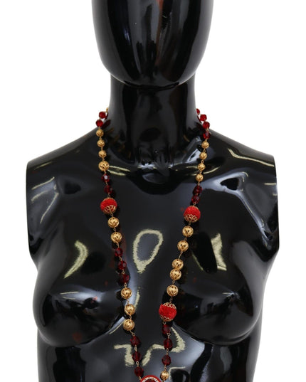 Dolce & Gabbana Gold Tone Brass Red Crystals Pendant Opera Chain  Necklace