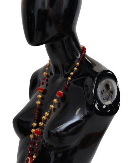 Dolce & Gabbana Gold Tone Brass Red Crystals Pendant Opera Chain  Necklace