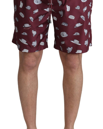 Dolce & Gabbana Maroon Hats Print Beachwear Shorts Swimwear