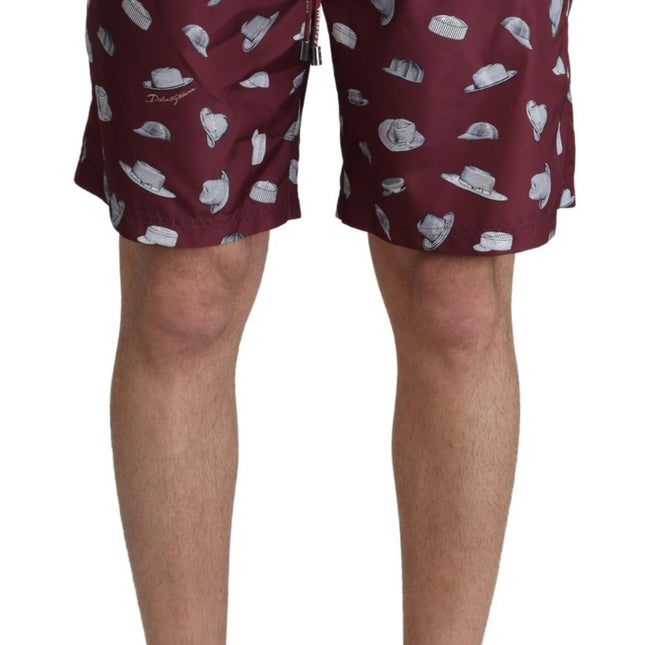 Dolce & Gabbana Maroon Hats Print Beachwear Shorts Swimwear