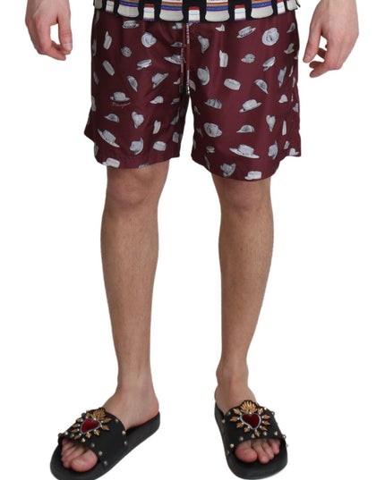 Dolce & Gabbana Maroon Hats Print Beachwear Shorts Swimwear