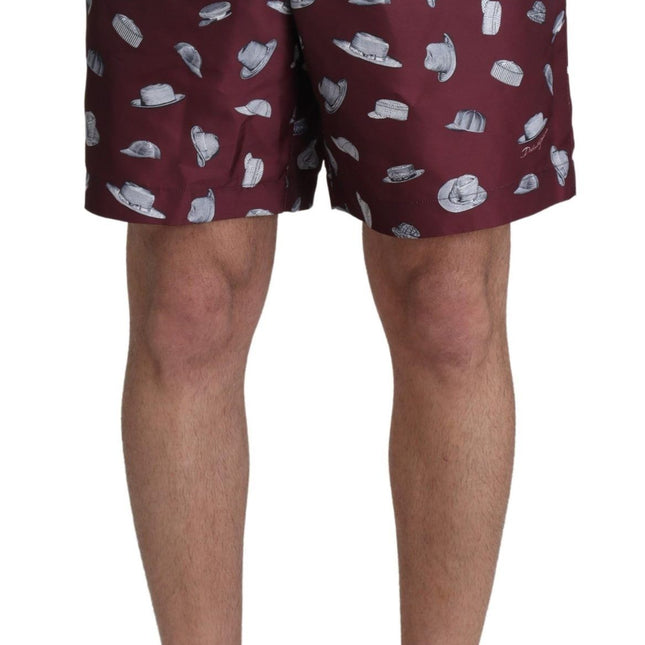 Dolce & Gabbana Maroon Hats Print Beachwear Shorts Swimwear