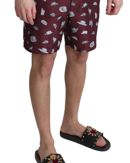Dolce & Gabbana Maroon Hats Print Beachwear Shorts Swimwear