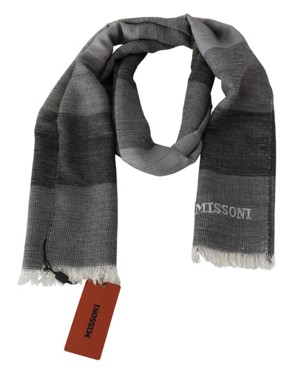 Missoni Gray Striped Wool Unisex Neck Wrap Fringes Scarf