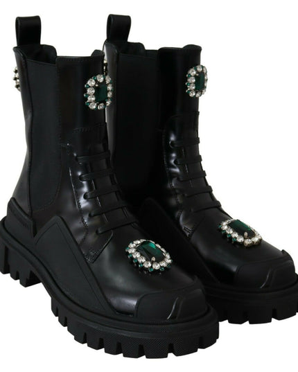 Dolce & Gabbana Black Leather Crystal Combat Boots