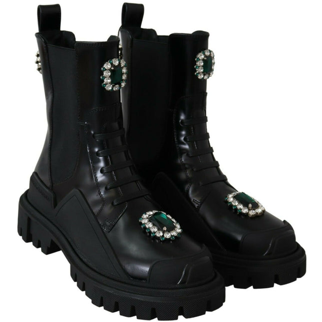 Dolce & Gabbana Black Leather Crystal Combat Boots