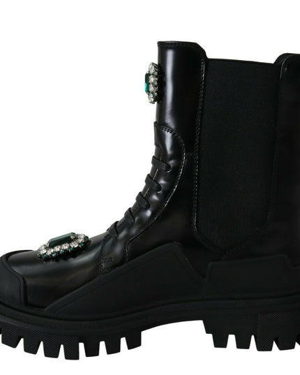 Dolce & Gabbana Black Leather Crystal Combat Boots