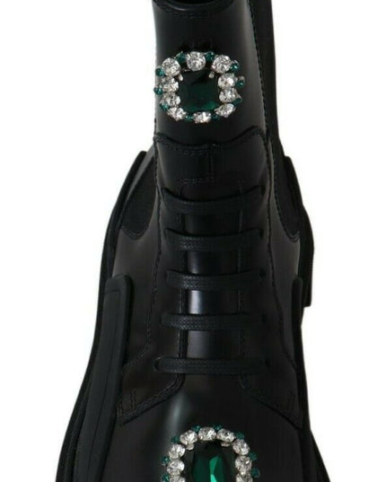 Dolce & Gabbana Black Leather Crystal Combat Boots